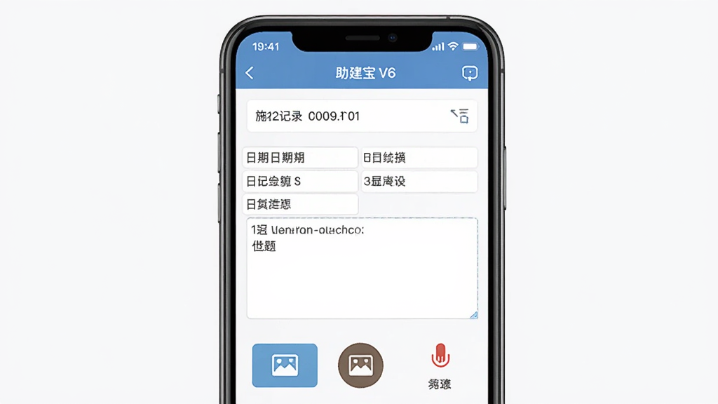 助建宝V6施工日志记录功能展示图,画面展示手机屏幕内施工日志编辑界面,包含日期选择器、文字输入框、图片上传按钮和语音录制图标,布局合理,风格偏向工具类应用,细节上体现日志模板的字段排列,画质清晰,背景干净,无多余装饰