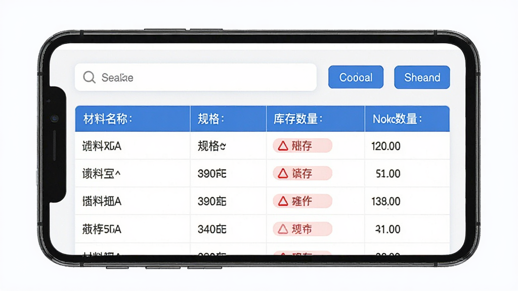 助建宝V6材料管理界面展示图,画面以手机屏幕为中心,屏幕内显示材料清单表格,包含材料名称、规格、库存数量等列,表格上方有搜索框和筛选按钮,整体风格偏向数据管理类应用,配色以白色和蓝色为主,细节上体现库存预警的红色标记,画质干净清晰,无多余元素