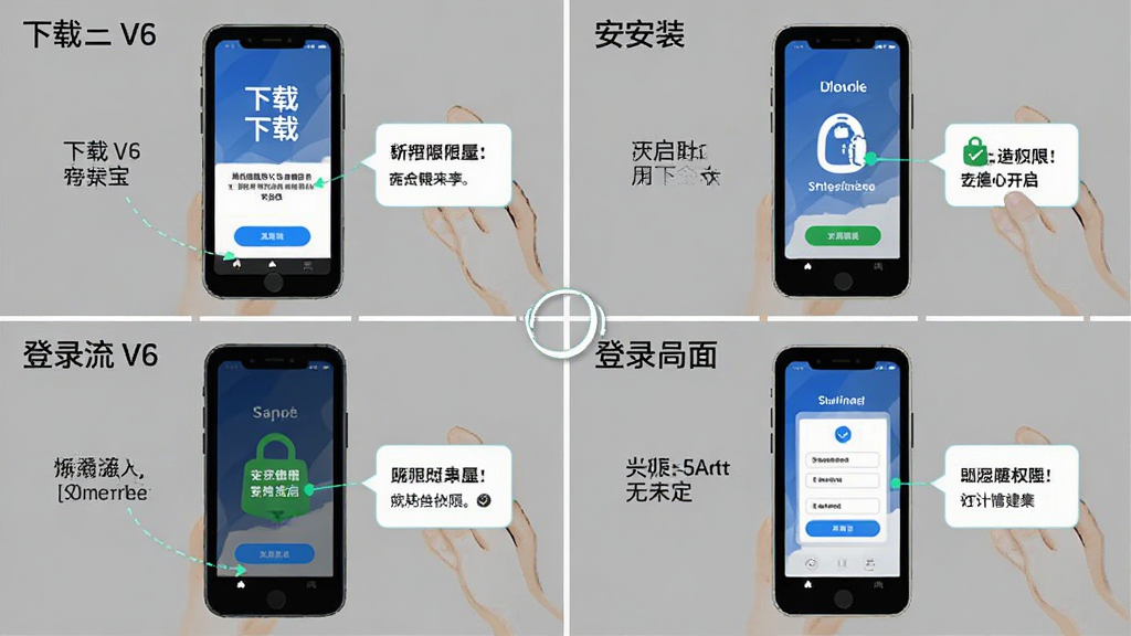 助建宝V6安装步骤示意图,画面以手机屏幕为主体,分步骤展示下载、安装、权限开启、登录界面的流程,布局采用四格漫画式排列,风格简洁明了,细节上体现每一步的操作按钮和提示文字,画质清晰干净,背景为纯色,无多余元素