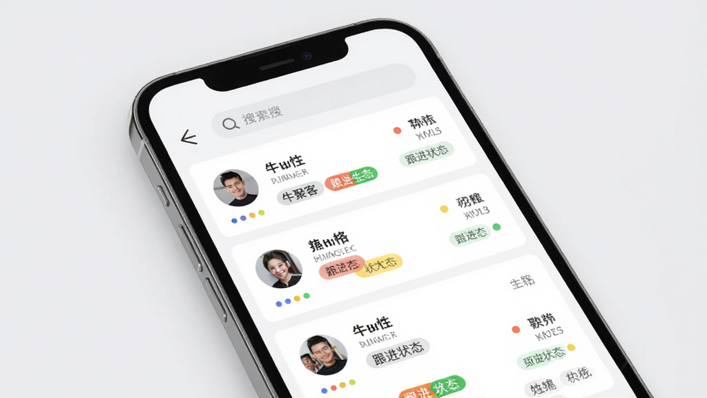 牛聚客客户档案管理功能展示图,画面中一部手机屏幕显示客户信息卡片列表,每张卡片包含头像、姓名、标签、跟进状态,背景为浅灰色,风格简洁商务,细节有彩色标签、状态圆点、搜索栏,画质清晰,画面干净,无多余元素