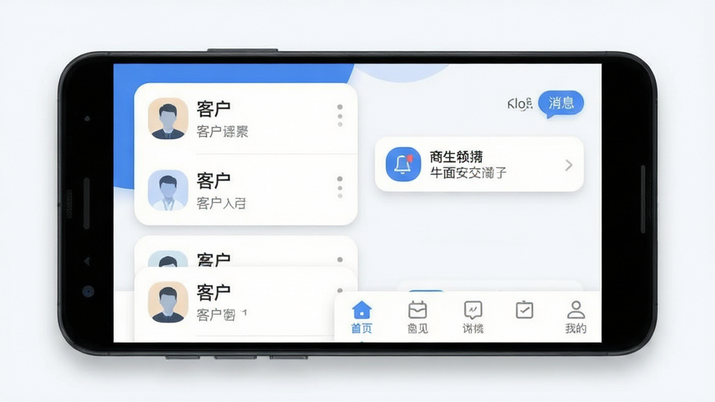 牛聚客软件主界面预览图,画面中央展示一部安卓手机,手机屏幕上呈现商务社交应用首页,包含客户列表卡片、消息提醒图标、底部导航栏,整体布局简洁清晰,风格为现代扁平化设计,配色以蓝白为主,细节包括圆角图标、柔和阴影、清晰文字标签,画质高清,画面干净,无多余元素