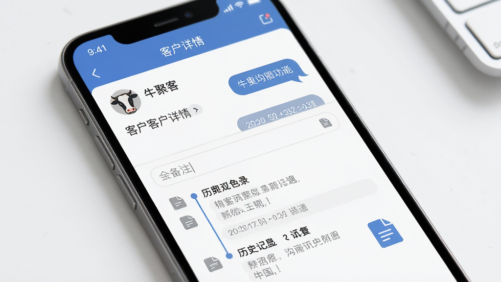 牛聚客沟通记录留存功能展示图,手机屏幕显示客户详情页,下方有备注输入框与历史记录时间线,风格为现代商务应用,配色以蓝灰为主,细节有文字气泡、时间戳、附件图标,画质清晰,画面干净,无多余元素