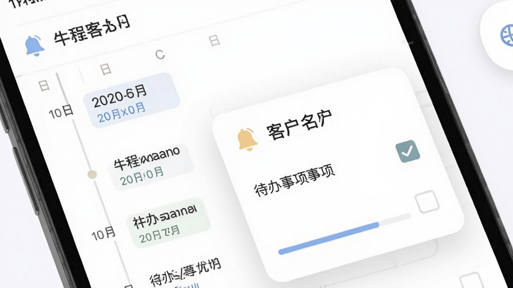 牛聚客跟进提醒功能界面图,手机屏幕展示日程列表与提醒弹窗,包含时间轴、客户名称、待办事项勾选框,风格为轻量办公风,配色柔和,细节有铃铛图标、日期标签、进度条,画质高清,画面干净,无多余元素