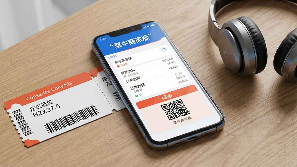 主体为一部智能手机,屏幕中显示演出票务管理界面,界面内有票品列表、订单数据和核销二维码等元素,手机放置在木质桌面上,旁边有一张演唱会门票和一副耳机;布局采用居中构图,手机为视觉焦点,背景简洁干净;排版上手机屏幕内容清晰可见,界面文字使用引号标注“票牛商家版”;风格为现代科技感与商务简约风结合,色调以蓝白为主,点缀橙红色票务元素;细节上手机边缘有轻微反光,桌面纹理自然,门票上的座位号和条形码清晰可辨;画质为高清4K,干净无多余元素,画面锐利,光线柔和均匀
