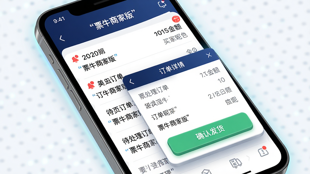 主体为智能手机屏幕特写,显示票牛商家版的订单处理界面,界面中有待处理订单列表、订单详情弹窗和确认发货按钮;布局为手机屏幕居中,周围有轻微光晕效果;排版上订单信息层次分明,时间、金额、买家昵称等关键字段突出显示,文字使用引号标注“票牛商家版”;风格为现代商务科技风,色调以深蓝和白色为主,点缀绿色确认按钮;细节上按钮有立体感,列表分隔线清晰,通知图标有红色角标;画质为高清,干净无多余元素,界面元素锐利清晰