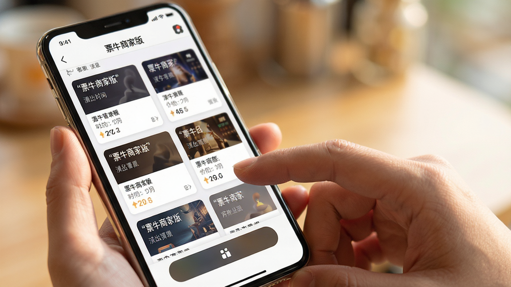 主体为一只手握持智能手机,手机屏幕展示票牛商家版的票品管理界面,界面中显示多个演出项目的票品卡片,每张卡片上有演出名称、时间、价格和库存数量;布局为手部特写与手机屏幕各占画面一半,背景虚化处理;排版上手机屏幕中的票品卡片排列整齐,文字信息使用引号标注“票牛商家版”;风格为生活化场景与科技界面融合,色调温暖明亮;细节上手指轻触屏幕,手机边缘有自然光泽,界面图标和按钮清晰锐利;画质为高清,干净无多余元素,画面通透,光影自然