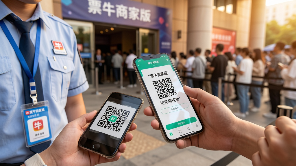 主体为演出场馆入口场景,一位工作人员手持智能手机正在扫描观众手机上的电子票二维码,手机屏幕显示票牛商家版的核销成功界面;布局为前景为工作人员与观众的手部动作特写,背景为模糊的场馆入口和排队人群;排版上手机屏幕中的核销成功提示清晰可见,文字使用引号标注“票牛商家版”;风格为纪实摄影与科技感结合,色调明亮温暖;细节上二维码清晰,手机屏幕有轻微反光,工作人员佩戴工作证;画质为高清,干净无多余元素,画面层次感强