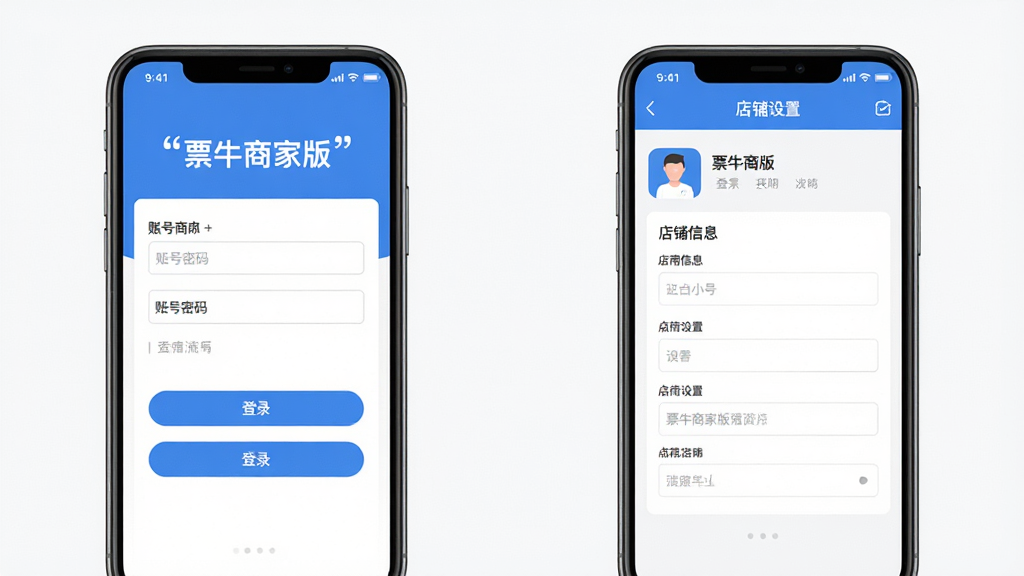 主体为手机屏幕显示票牛商家版的登录界面和店铺设置页面并排展示,屏幕中有账号密码输入框、登录按钮和店铺信息填写表单;布局为两部手机并排,左侧为登录页,右侧为设置页;排版上界面元素整齐,文字使用引号标注“票牛商家版”;风格为扁平化移动应用界面风格,色调以蓝白为主;细节上按钮有圆角,输入框有浅灰边框,图标简洁清晰;画质为高清,干净无多余元素,画面简洁明了
