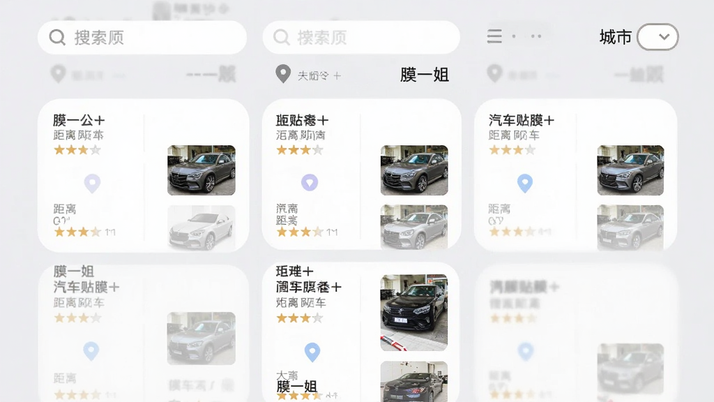 手机应用界面展示“膜一姐”门店列表页面,画面中排列着多家汽车贴膜门店卡片,每张卡片包含门店名称、距离、评分与缩略图,背景为浅灰色,顶部有搜索栏与城市切换按钮,风格清新简洁,细节包括地图定位图标与门店实拍小图,画质清晰,干净,无多余元素
