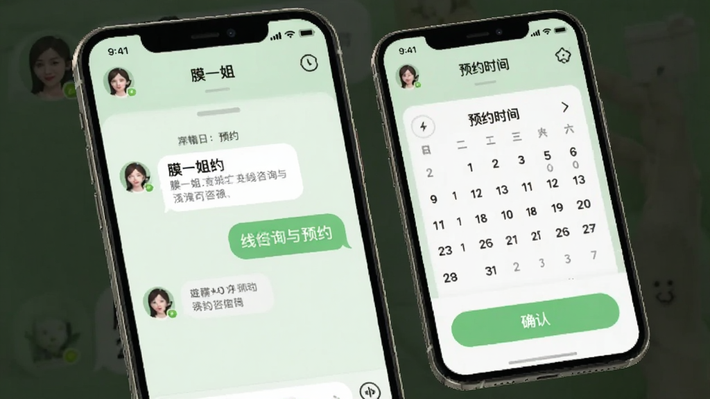 手机界面展示“膜一姐”在线咨询与预约页面,画面中有聊天对话框与预约时间选择器,背景为柔和的浅绿色,风格亲切友好,细节包括客服头像、预约日历与确认按钮,画质清晰,干净,无多余元素