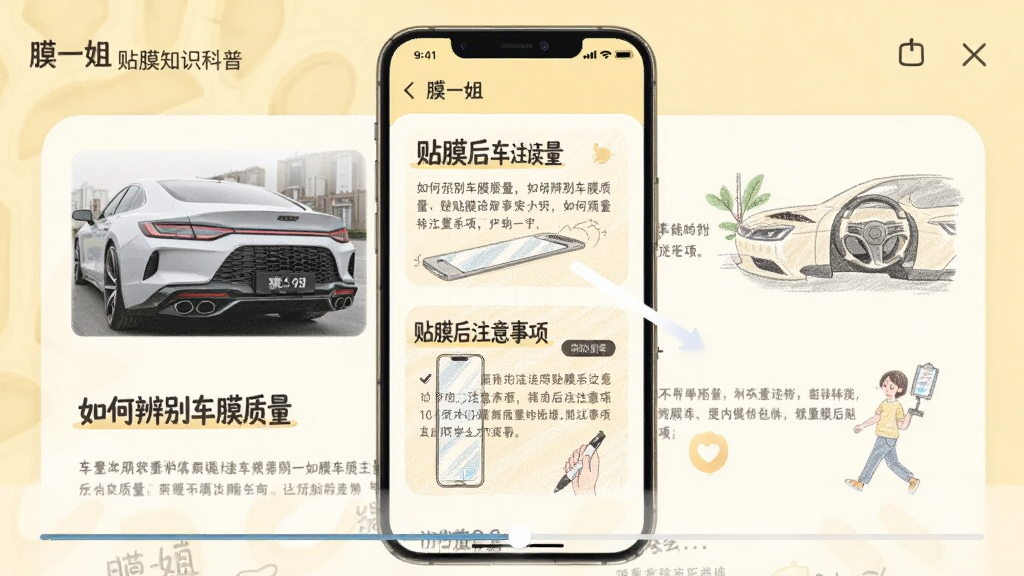 手机界面展示“膜一姐”贴膜知识科普页面,画面中有图文并茂的文章列表,标题包括“如何辨别车膜质量”“贴膜后注意事项”,背景为浅黄色阅读模式,风格温和舒适,细节包括插图与阅读进度条,画质清晰,干净,无多余元素