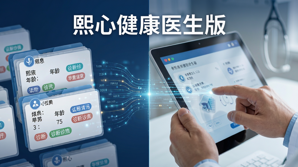 一张以“熙心健康医生版”文字为核心的创意海报图,画面左侧是整齐排列的患者电子档案卡片,右侧是医生正在点击屏幕的手部特写,中间用数据流线条连接,布局采用左右分栏式,风格简洁科技感,细节包括卡片上的姓名、年龄、诊断标签,画质高清,干净,无多余元素。