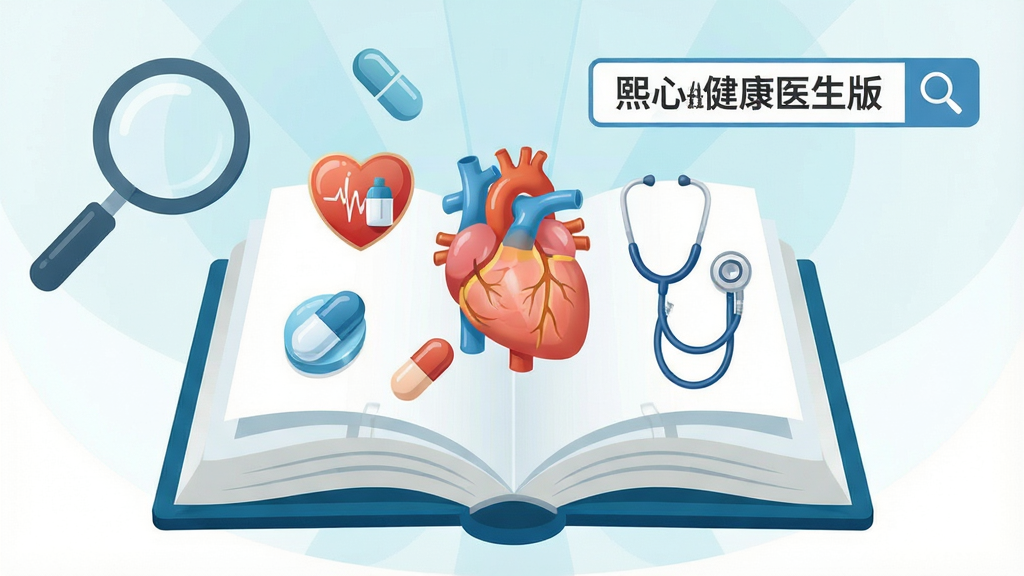 一张以医学知识库为主题的插画风格图片,画面中央是一本打开的巨大电子书,书页上浮现出心脏、药丸、听诊器等医学图标,周围环绕着放大镜和搜索框,搜索框内写着“熙心健康医生版”,布局采用中心辐射式,风格扁平化插画,细节包括图标的光泽感和书页的层次,画质清晰,干净,无多余元素。