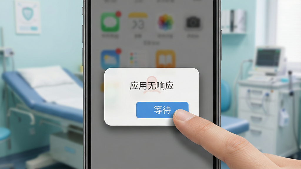 一张展示手机屏幕出现错误提示的示意图,屏幕上显示“应用无响应”弹窗,旁边有一只手指准备点击“等待”按钮,背景是模糊的诊室环境,布局为手机特写居中,风格写实,细节包括弹窗的阴影和按钮的按压效果,画质清晰,干净,无多余元素。