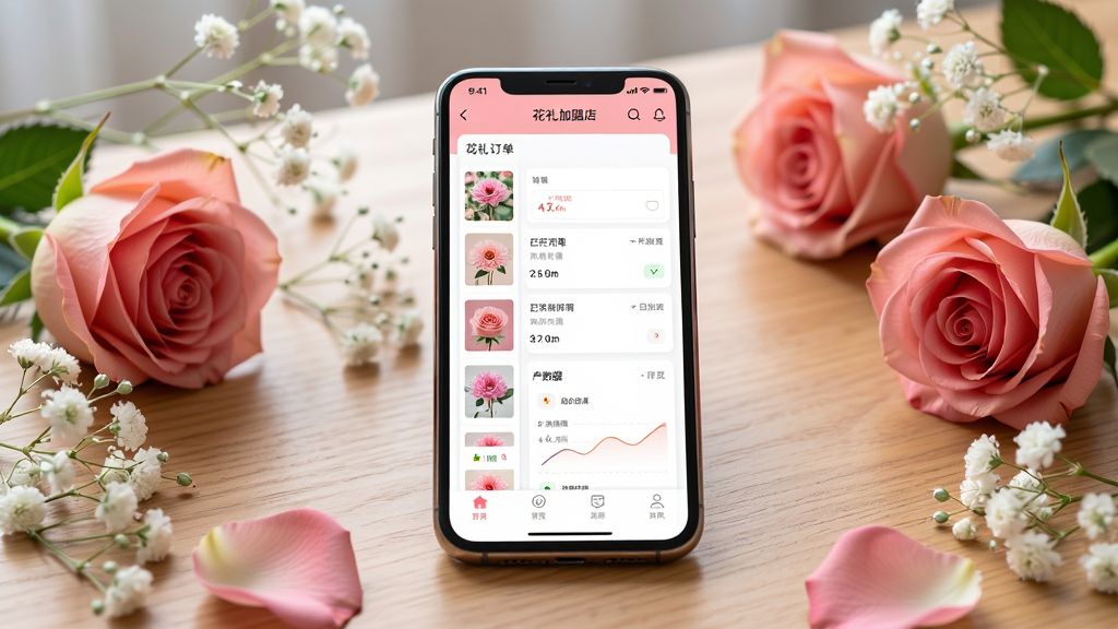 主体是一台智能手机放在木质桌面上,手机屏幕显示花礼加盟店应用界面,界面中有鲜花订单列表和门店数据面板,布局采用居中构图,手机周围散落几朵玫瑰与满天星,排版简洁明快,风格为现代清新商业摄影,细节包括手机边框反光、花瓣纹理清晰、背景虚化柔和,画质为4K超高清,干净,无多余元素