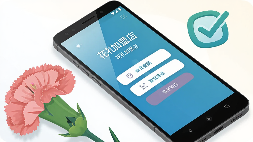 主体是一部安卓手机显示花礼加盟店登录界面,背景为浅色渐变,手机旁边放置一朵粉色康乃馨和一个勾选图标,布局为对角线构图,排版简洁,风格为扁平化科技插画,细节包括手机屏幕高光、按钮圆角、文字清晰可辨,画质高清,干净,无多余元素
