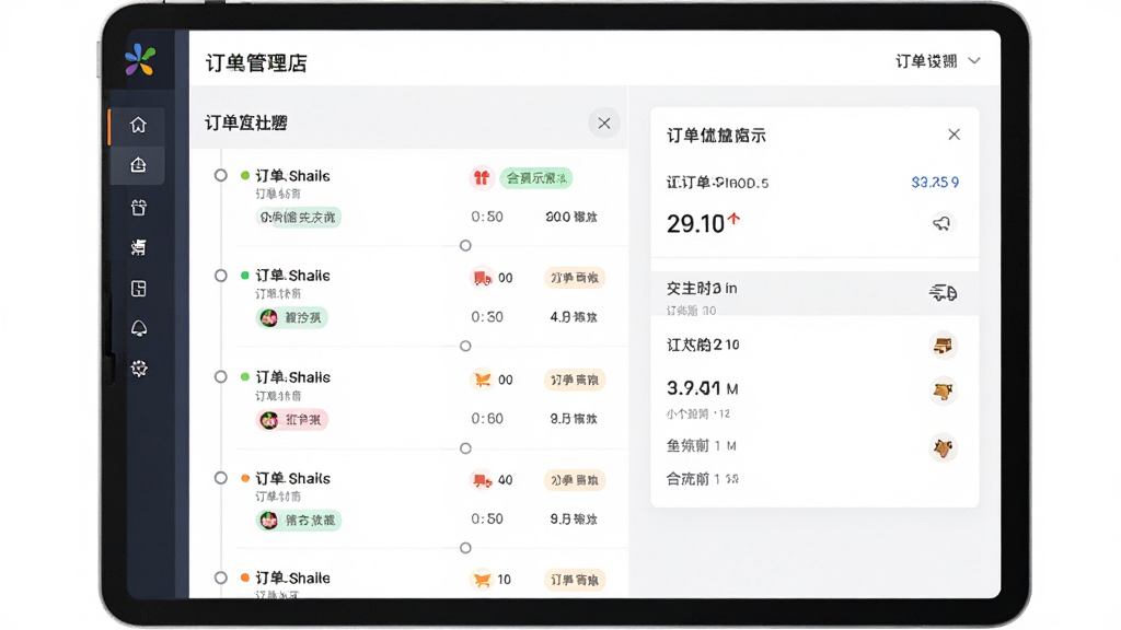 主体是一个平板电脑竖屏展示花礼加盟店订单管理界面,左侧为订单列表,右侧为订单详情卡片,布局采用左右分栏,排版整齐有序,风格为扁平化UI设计展示图,细节包括订单状态标签颜色区分、时间轴图标、配送小图标,画质高清,干净,无多余元素