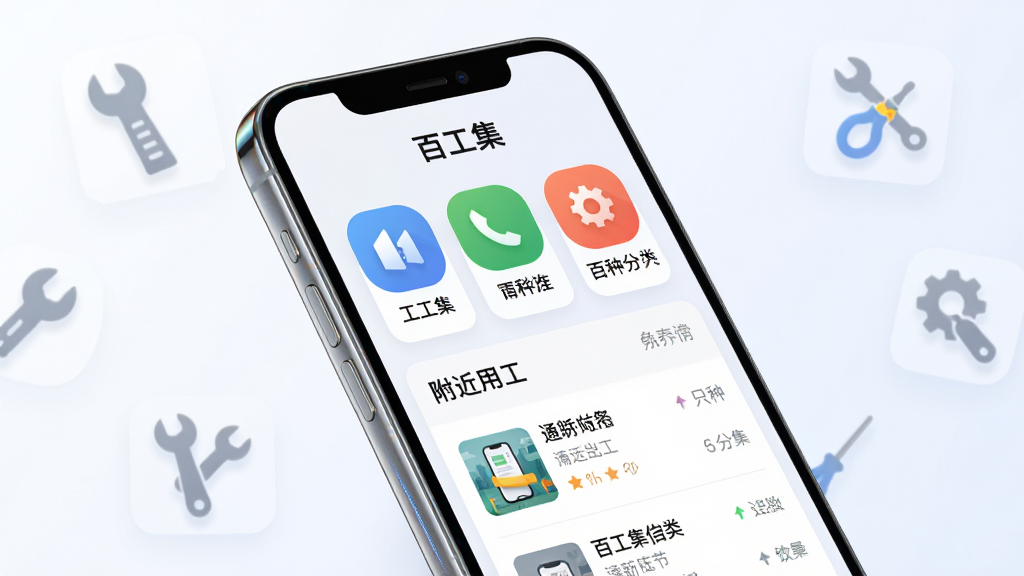 主体为一部智能手机,屏幕上显示百工集APP的首页界面,界面中包含工种分类图标与附近用工信息列表;布局采用居中构图,手机微微倾斜展现立体感;排版上背景为简洁的浅色渐变,周围点缀少量工具图标元素;风格为现代科技感与生活化结合;细节上手机边框有轻微反光,界面文字清晰显示“百工集”字样;画质为高清4K,干净明亮,无多余元素