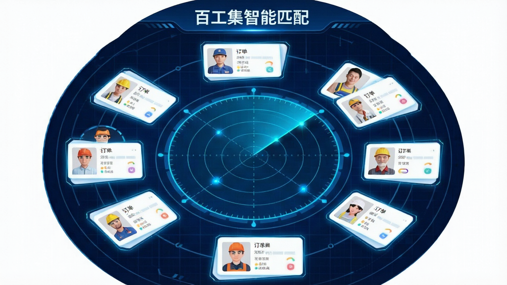 主体为百工集APP的智能匹配界面,屏幕中央显示一个动态雷达扫描效果,周围环绕着不同工种的工人头像与订单卡片;布局采用圆形放射状构图;排版上背景为深蓝色科技感网格;风格为未来科技与数据可视化;细节上雷达线条为亮蓝色,卡片带有微光效果,界面顶部显示“百工集智能匹配”字样;画质为高清,干净,无多余元素