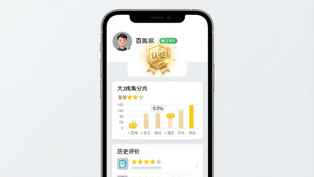 主体为百工集APP的个人信用档案页面,屏幕显示实名认证徽章、星级评分、历史评价列表;布局为上下结构,顶部为头像与认证标识,中部为评分图表;排版上背景为干净的白色与浅灰色块;风格为商务简约;细节上认证徽章带有金色光泽,评分星星为亮黄色,界面文字显示“百工集信用中心”;画质为高清,干净,无多余元素