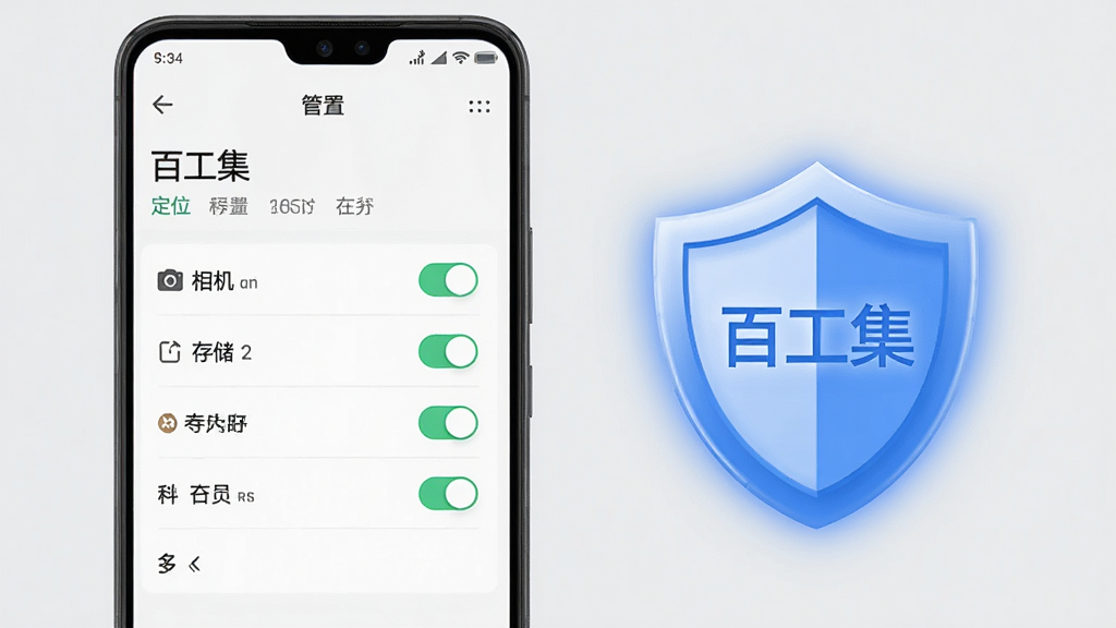 主体为一部安卓手机,屏幕上显示百工集APP的权限管理设置页面,旁边有一个盾牌图标;布局为手机与盾牌左右呼应;排版上背景为浅灰色,盾牌带有蓝色光晕;风格为安全提示类;细节上屏幕内可见定位、相机、存储等权限开关,界面文字包含“百工集”字样;画质为高清,干净,无多余元素