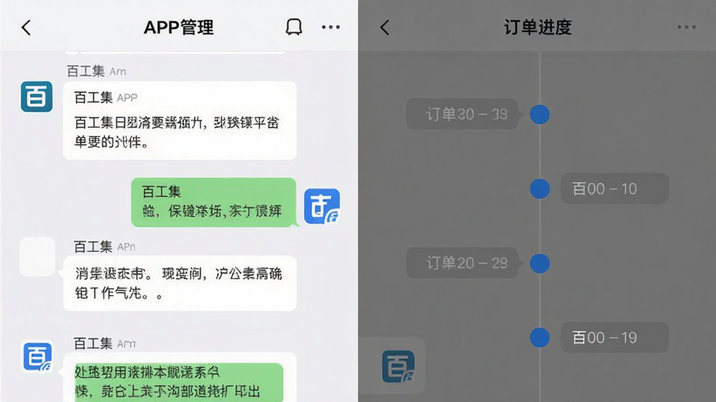 主体为百工集APP的消息与订单管理界面,屏幕左侧为聊天对话框,右侧为订单进度时间轴;布局为分屏展示;排版上背景为浅色,对话框为白色气泡,时间轴节点为蓝色圆点;风格为清爽实用;细节上聊天内容包含“百工集”字样与工作沟通场景;画质为高清,干净,无多余元素