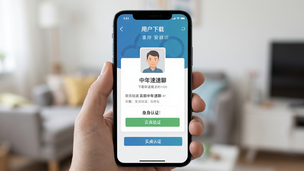 中年速聊 下载 中年速聊 安卓版 实名认证 界面 展示 用户 正在 进行 身份 验证 的 手机 画面 主体 居中 布局 清晰 排版 扁平化 风格 细节 丰富 画质 高清 干净 无多余元素