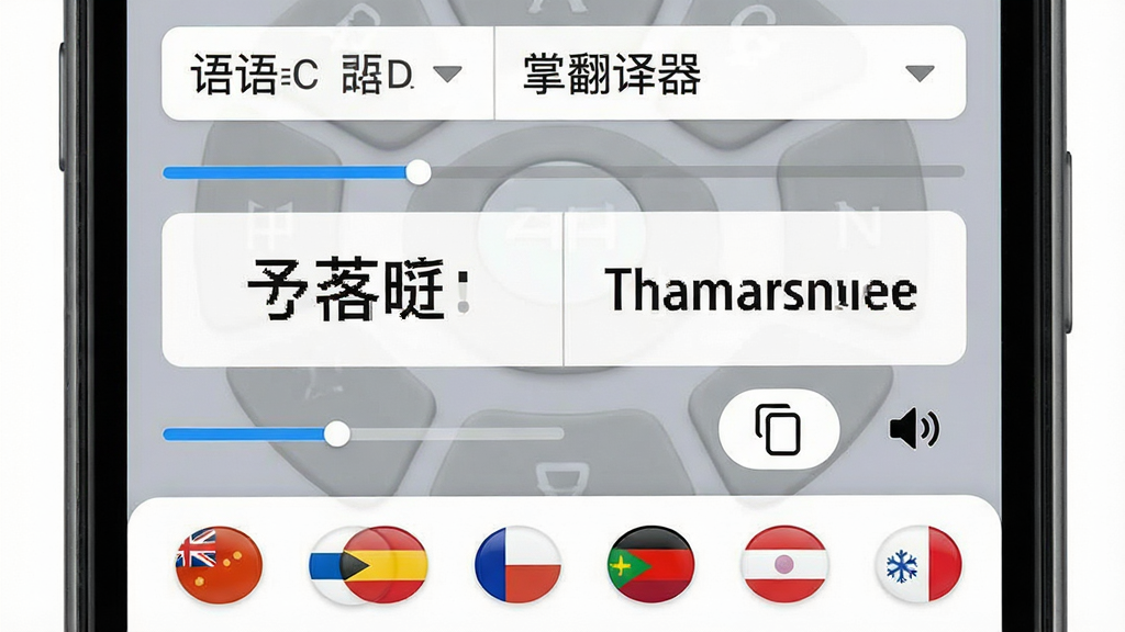 画面主体为掌上翻译器软件界面特写,界面中央显示中英互译对照框,左侧中文右侧英文,顶部有语种切换下拉菜单,底部排列多个国旗图标代表不同语言,布局采用上下结构,风格为清爽的移动端UI设计,细节包含翻译进度条、复制按钮、发音喇叭图标,画质高清干净,无多余元素,图片中文字内容为“掌上翻译器”