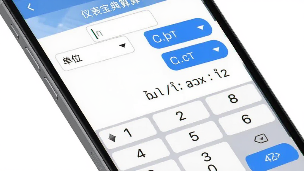 仪表宝典单位换算工具界面,主体为手机显示压力单位换算页面,布局为输入框和单位选择下拉菜单,下方显示换算结果,排版清晰,风格为工具类应用风,细节包括数字键盘、单位符号、蓝色按钮,画质高清,画面干净,无多余元素。