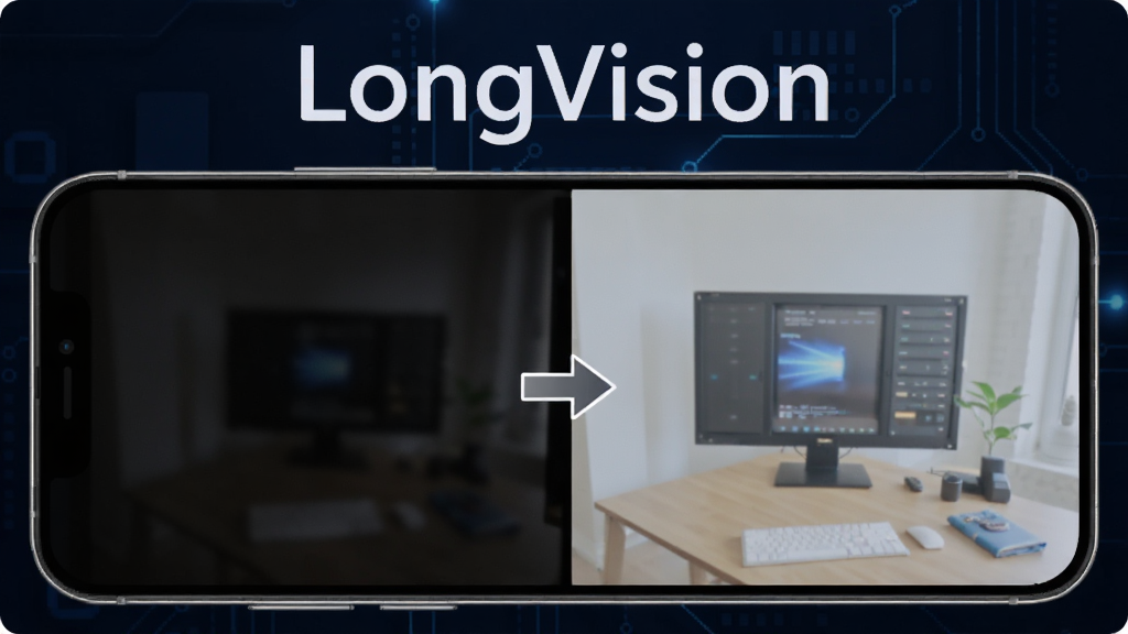 һ���ֻ�����չʾ����Ļ������ǻ谵ģ������Ƭ���ұ��Ǿ���LongVision��ǿ�������������Ƭ���м��м�ͷ���ӣ��ֻ��Ϸ�Ư�����������ơ�LongVision������������Ϊ����ɫ�Ƽ������������ֱ�ۣ����ʸɾ����޶���Ԫ��
