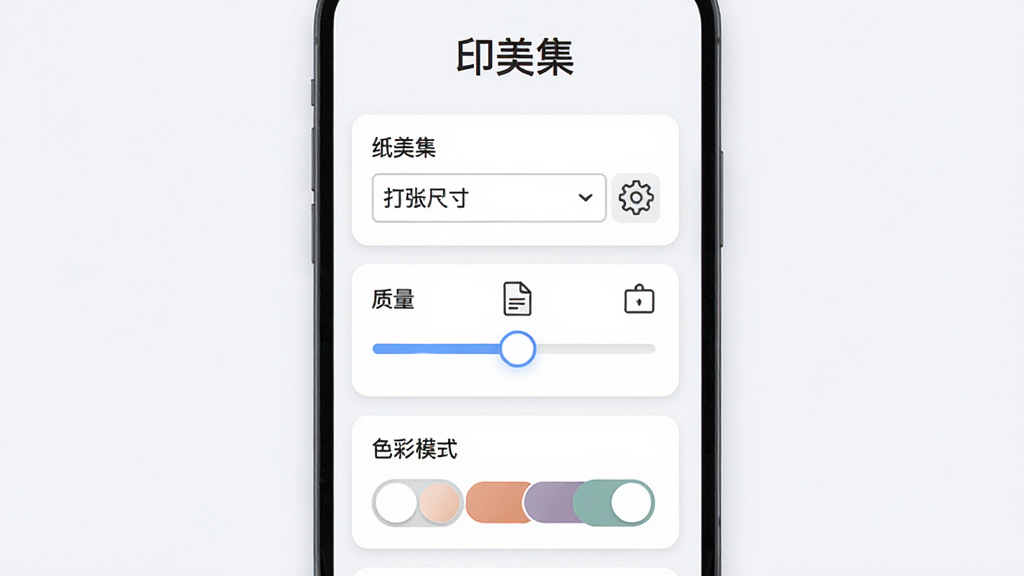 ӡ������ӡ���������棬����ֽ�ųߴ������˵�������ѡ�񻬿顢ɫ��ģʽ�л���ť������Ϊ�������еĿ�ƬʽUI�����Ϊ����ִ����ƶ�Ӧ�ý���廭��ϸ���г���ͼ�ꡢֽ��ͼ�ꡢ��ɫɫ�飬���ʸ���ɾ����޶���Ԫ�أ�ͼƬ�������֡�ӡ������