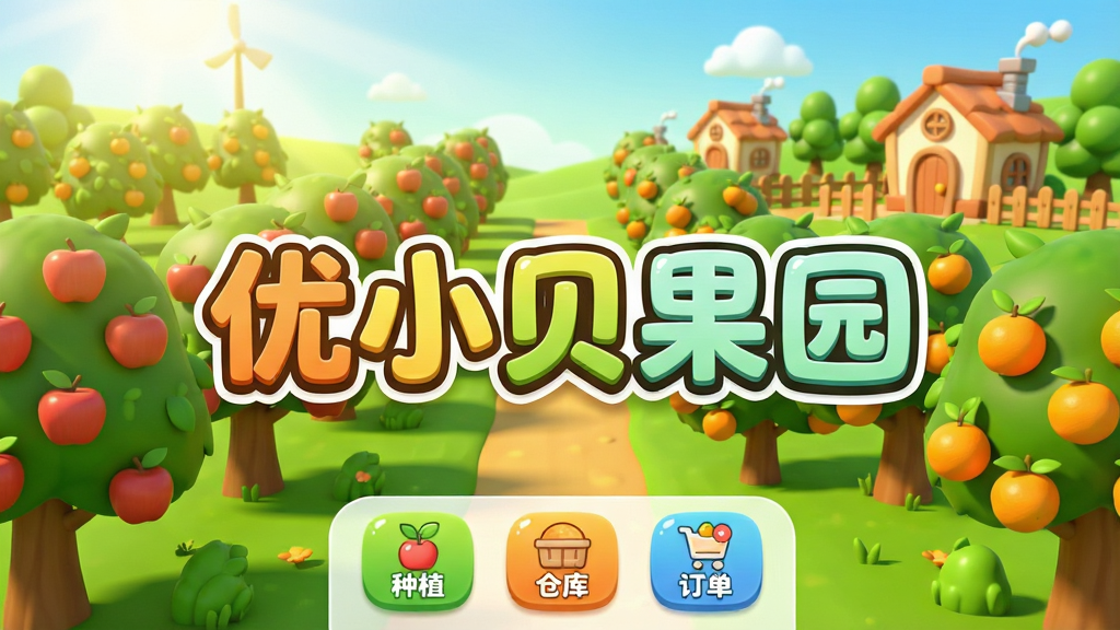 一幅生动的手机应用界面展示图,画面中央是“优小贝果园”五个大字,背景是一个充满生机的虚拟果园,有整齐排列的果树,树上挂着苹果、橙子等水果,阳光明媚,远处有卡通风格的小屋和栅栏,界面下方有种植、仓库、订单等操作按钮,整体风格为清新卡通3D渲染,色彩鲜艳明亮,画质清晰,干净整洁,无多余杂乱元素