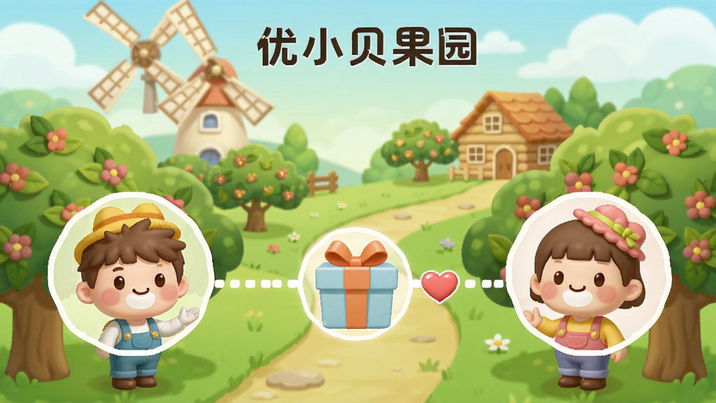 一张展示“优小贝果园”社交互动功能的图片,画面中两个卡通人物头像分别代表用户和好友,他们站在各自的果园旁边,中间有礼物盒和爱心图标连接,背景是漂亮的果园风景,有风车和小木屋,整体风格温馨卡通,色彩柔和,画质清晰,无杂乱元素