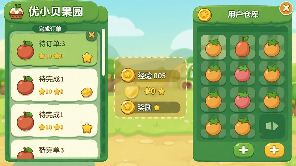 一张“优小贝果园”游戏内的订单交易界面截图,画面左侧是待完成的水果订单列表,右侧是用户仓库中储存的水果,界面中间有金币和经验的奖励提示,整体布局清晰,风格为卡通扁平化设计,配色以绿色和暖黄色为主,画质干净,无多余装饰元素