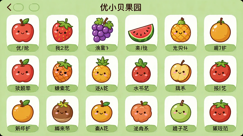 一张展示“优小贝果园”水果图鉴界面的图片,画面以网格形式排列着多种卡通风格的水果图标,包括苹果、草莓、葡萄、西瓜、菠萝等,每个图标下方有水果名称标签,界面背景为淡绿色,整体风格清新可爱,排版整齐,画质清晰,干净无杂物
