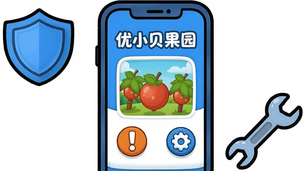 一张卡通风格的手机屏幕示意图,画面中手机屏幕显示“优小贝果园”游戏界面,旁边有一个感叹号图标和设置齿轮图标,手机周围有盾牌和扳手工具图标,象征安全设置与问题解决,整体风格简洁明快,配色以蓝色和白色为主,画质清晰,干净无多余元素