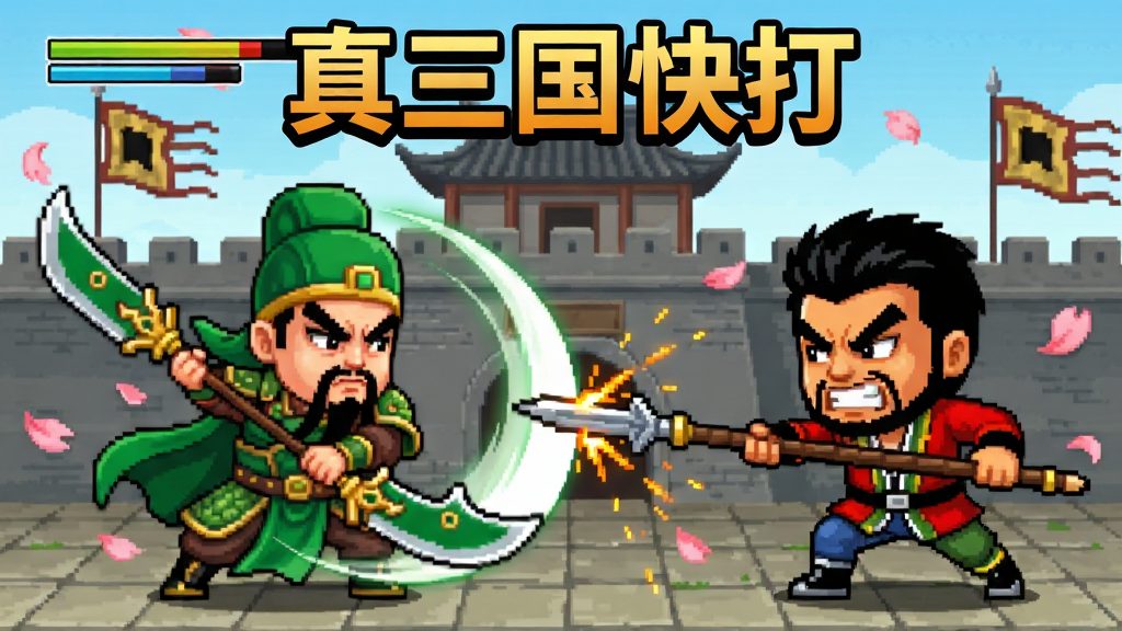 画面主体为Q版三国武将关羽和张飞在古城墙前激烈对战,布局采用左右对称格斗视角,排版突出两位角色技能特效碰撞,风格为卡通渲染加街机像素感,细节包括关羽青龙偃月刀挥砍轨迹、张飞丈八蛇矛突刺火花、背景飘落桃花与战旗,画质高清干净无多余元素,图片上方居中写“真三国快打”四个大字。