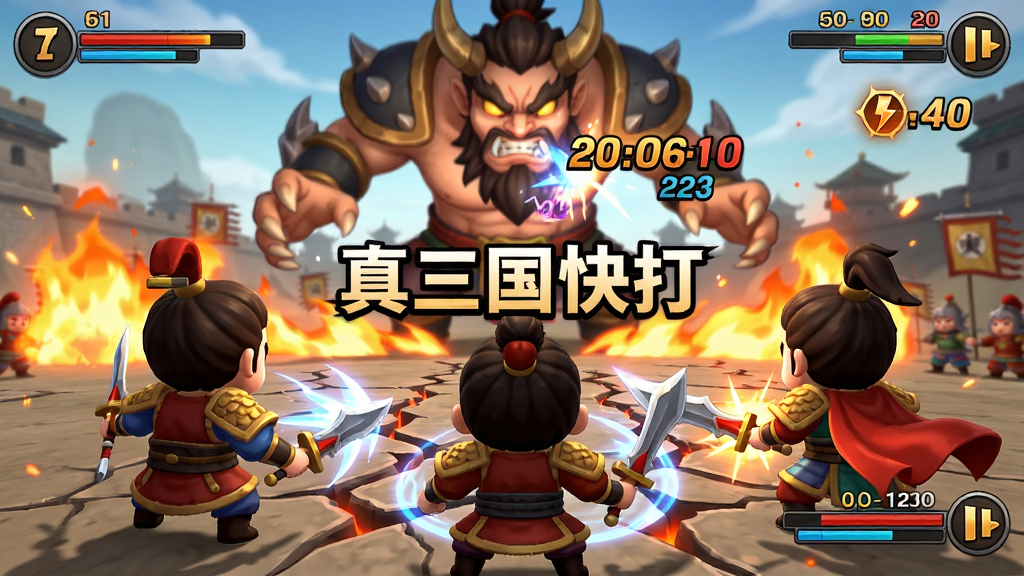 画面主体为三名Q版三国武将并肩作战对抗巨型BOSS,布局采用前景角色背影与远景BOSS对峙,排版突出技能光效与伤害数字,风格为热血动作游戏截图感,细节包括地面裂痕、火焰特效、队友血条与连击计数,画质锐利干净无多余元素,画面中央写“真三国快打”文字。