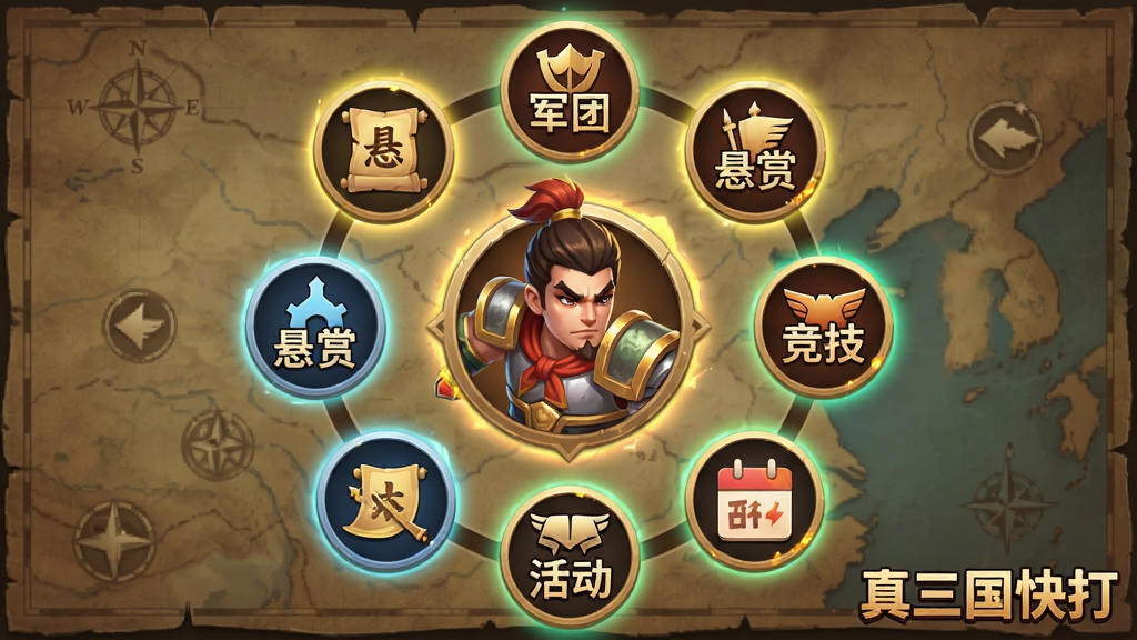 画面主体为真三国快打游戏主界面功能图标集合,布局采用圆形图标环绕中央角色,排版包含“悬赏”“军团”“竞技”“活动”等文字标签,风格为扁平化游戏UI设计,细节包括图标发光效果、背景为古代地图纹理、右下角有“真三国快打”水印,画质清晰干净无多余元素。