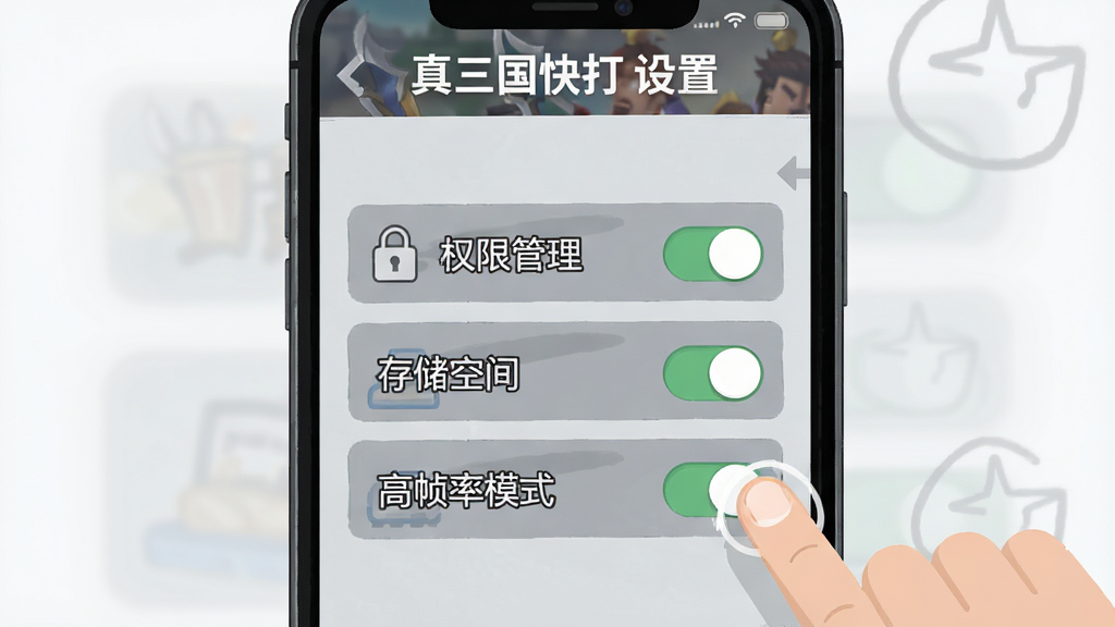 画面主体为手机屏幕显示真三国快打游戏设置界面,布局采用竖屏手机外框,排版突出“权限管理”“存储空间”“高帧率模式”三个开关选项,风格为扁平化教程插图,细节包括手指点击屏幕的图标、背景为浅灰色、顶部写“真三国快打 设置”文字,画质清晰干净无多余元素。