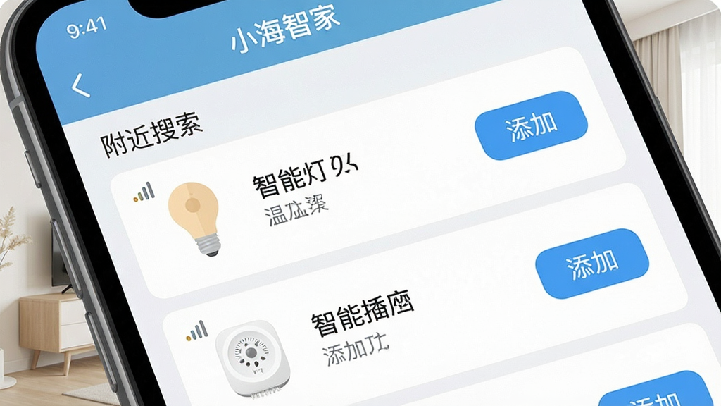 һ��չʾ��С���Ǽҡ�APP�豸���ӽ�����ֻ���ͼ���������ֻ���Ļ��ʾ�����豸�����б����б��������ܵ��ݡ���ʪ�ȴ����������ܲ������豸ͼ�꣬ÿ���豸���С����ӡ���ť�������Ǽ���ǳɫ�Ҿӻ���������Ϊ���½ṹ���Ű����������Ϊ��ƽ���Ƽ��磬ϸ�ڰ����ź�ǿ��ͼ�ꡢ�豸�������֣����ʸ��壬����ɾ����޶���Ԫ��