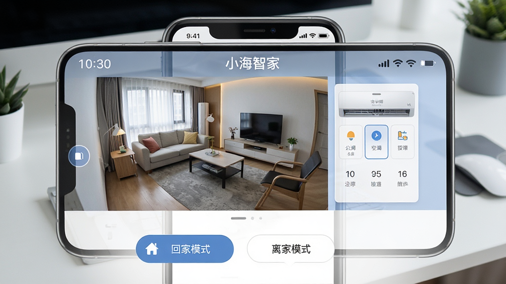 һ��չʾ��С���Ǽҡ�APPԶ�̿��ƽ�����ֻ���ͼ���������ֻ���Ļ��ʾ��������ͷʵʱ����Ϳյ�������壬�·��С��ؼ�ģʽ���͡����ģʽ����ť�������ǰ칫�����滷��������Ϊ���·������Ű��࣬���Ϊ�ִ�����磬ϸ�ڰ���ʱ����ʾ������״̬ͼ�꣬���ʸ��壬����ɾ����޶���Ԫ��