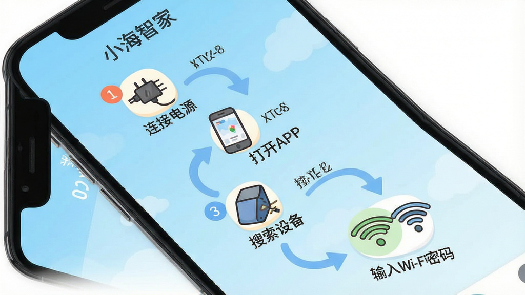 һ��չʾ��С���Ǽҡ�APP��������������ֻ���ͼ���������ֻ���Ļ��ʾ�豸���Ӳ���ʾ��ͼ�����������ӵ�Դ������APP���������豸��������Wi-Fi���롱�ĸ�����ͼ�꣬������ǳ��ɫ���䣬����Ϊ��������ͼ���Ű����������Ϊ��ͨ��ƽ����ϸ�ڰ���������š���ͷָʾ�����ʸ��壬����ɾ����޶���Ԫ��