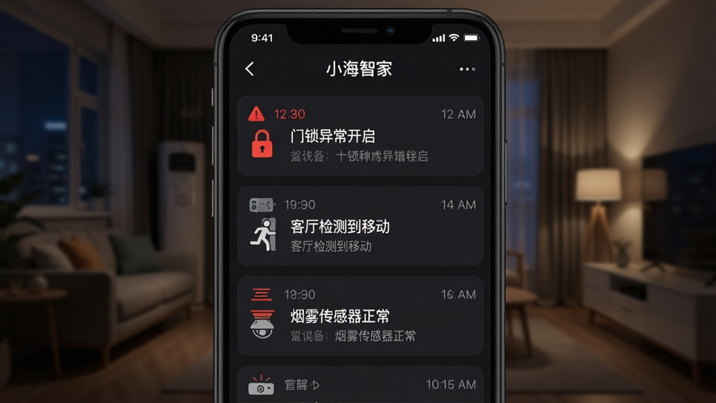 һ��չʾ��С���Ǽҡ�APP��Ϣ֪ͨ������ֻ���ͼ���������ֻ���Ļ��ʾ�����澯��Ϣ�������������쳣��������������⵽�ƶ����������������������ȣ�ÿ����Ϣ����ʱ������豸ͼ�꣬������ҹ��Ҿӻ���������Ϊ�б��ṹ���Ű����룬���Ϊ��ɫ�Ƽ��磬ϸ�ڰ�����ɫ�澯��ǡ���ɫ������Ϣ�����ʸ��壬����ɾ����޶���Ԫ��