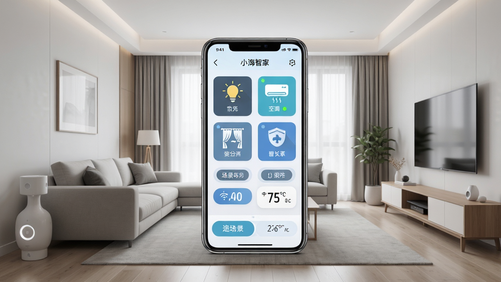 С���Ǽ�App������ȫ��չʾ�������������һ�������ֻ�����Ļ��ʾ���ܼҾӿ�����壬�����ƹ⡢�յ����������������豸ͼ�꣬����Ϊ�ִ���Լ�������������ֲ������ĶԳƹ�ͼ�����Ϊдʵ�Ƽ��磬ϸ�ڰ����豸״ָ̬ʾ�ơ������л���ť����ʪ��������ʾ�����ʸ��壬�ɾ���ˬ���޶���Ԫ��