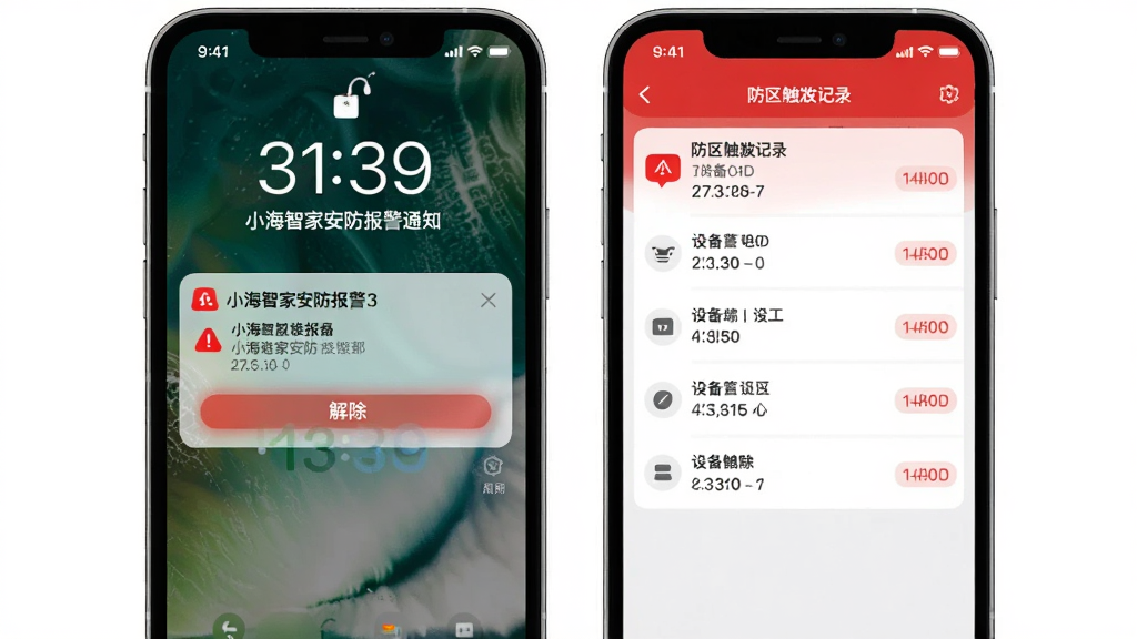 С���ǼҰ�������֪ͨ���棬����չʾ�ֻ�����״̬�µı�������֪ͨ��ͬʱApp����ʾ����������¼�б�������Ϊ���½ṹ�����Ϊ��ȫ��ʾ���ϸ�ڰ�����ɫ����ͼ�ꡢʱ������豸���ơ������ť����������������ɾ����޶���Ԫ��