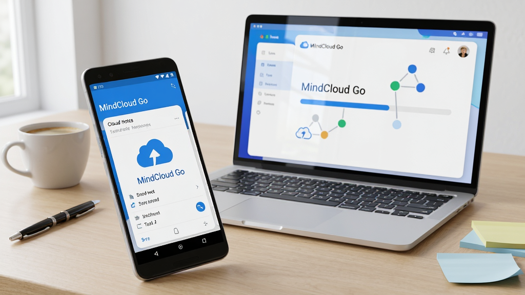 ��������Ϊһ����׿�ֻ���һ̨�ʼǱ����Բ��ŷ���ǳľɫ�����ϣ��ֻ���Ļ��ʾ��MindCloud Go���ƶ˱ʼǽ��棬������Ļ��ʾͬһ�˻���ͬ�������������ֲ������ҶԳƹ�ͼ���ֻ���ǰ������б�������ں󷽾��У��Ű��ϱ��ֽ���Ԫ�ؼ��������ͻ���ƶ���˼ά�ڵ�ͼ�ꣻ���Ϊ�ִ���������磬ɫ��������Ϊ����ϸ�ڰ���������һ֧�ʡ�һ�����Ⱥͼ�Ƭ��ǩֽ����Ļ������Ȼ������Ϊ������Ⱦ���ɾ��޶���Ԫ�ء�