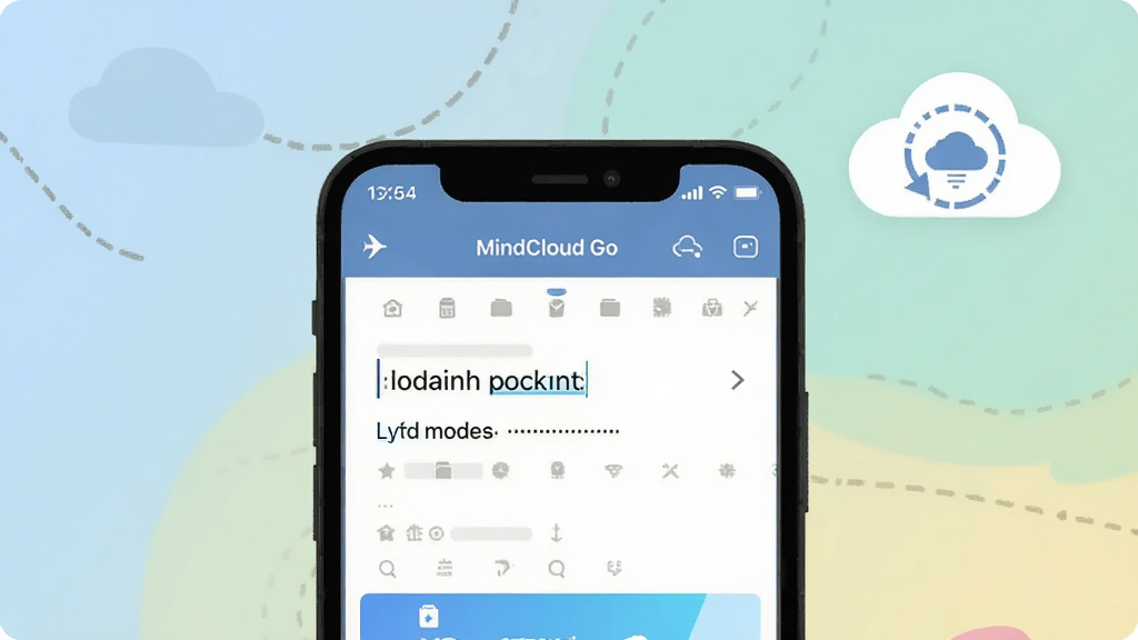 ����չʾһ���ֻ����ڷ���ģʽ����Ļ����ʾ��MindCloud Go���༭�����������������룬�Ա���һ���ƶ�ͼ���ͬ����ͷ��ʾ�ȴ�����������Ϊ�ֻ����С���ͼ��λ�����Ͻǣ��Ű��࣬ͻ������״̬���ͬ����ʾ�����Ϊ��ƽ���廭��ϸ�ڰ�������ģʽͼ�ꡢ���ش洢��ʶ����͵ı���ɫ�������������ɾ��޶���Ԫ�ء�