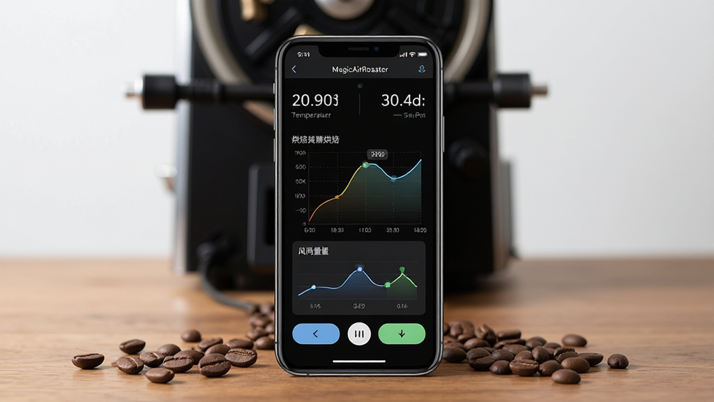һ��չʾMagicAirRoaster���������ͼƬ������Ϊ�����ֻ���Ļ��ʾ�決�¶����������������壬����Ϊ�ֻ����з�����ľ�������ϣ��Ա�ɢ�伸�ſ����������춹���Ű���ֱ�ۣ����Ϊ�ִ��Ƽ�����������ѧ��ϣ�ϸ�ڰ�����Ļ�����������ֶ���������ͼ�������ư�ť�Լ��������黯�ĺ決�����������������ɾ��޶���Ԫ��