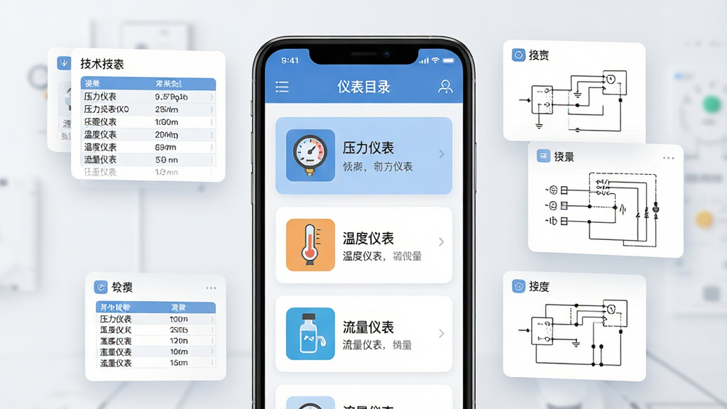 һ��չʾ�Ǳ�����APP�ڲ����Ͽ�ṹ��AIͼƬ�������������ֻ���Ļ����Ļ����ʾ�ŷ����������Ǳ�Ŀ¼���硰ѹ���Ǳ��������¶��Ǳ������������Ǳ����ȣ�ÿ�������Ա����ж�Ӧ���Ǳ�ͼ�꣬��Ļ��ΧƯ���Ÿ����Ǳ��ļ����������ͽ���ͼ��Ƭ���������룬�Ű���ÿ�Ƭʽ��ƣ����Ϊ�Ƽ��м�Լ�磬ϸ�ڰ���Сͼ������ֱ�ǩ�������������ɾ����޶���Ԫ��